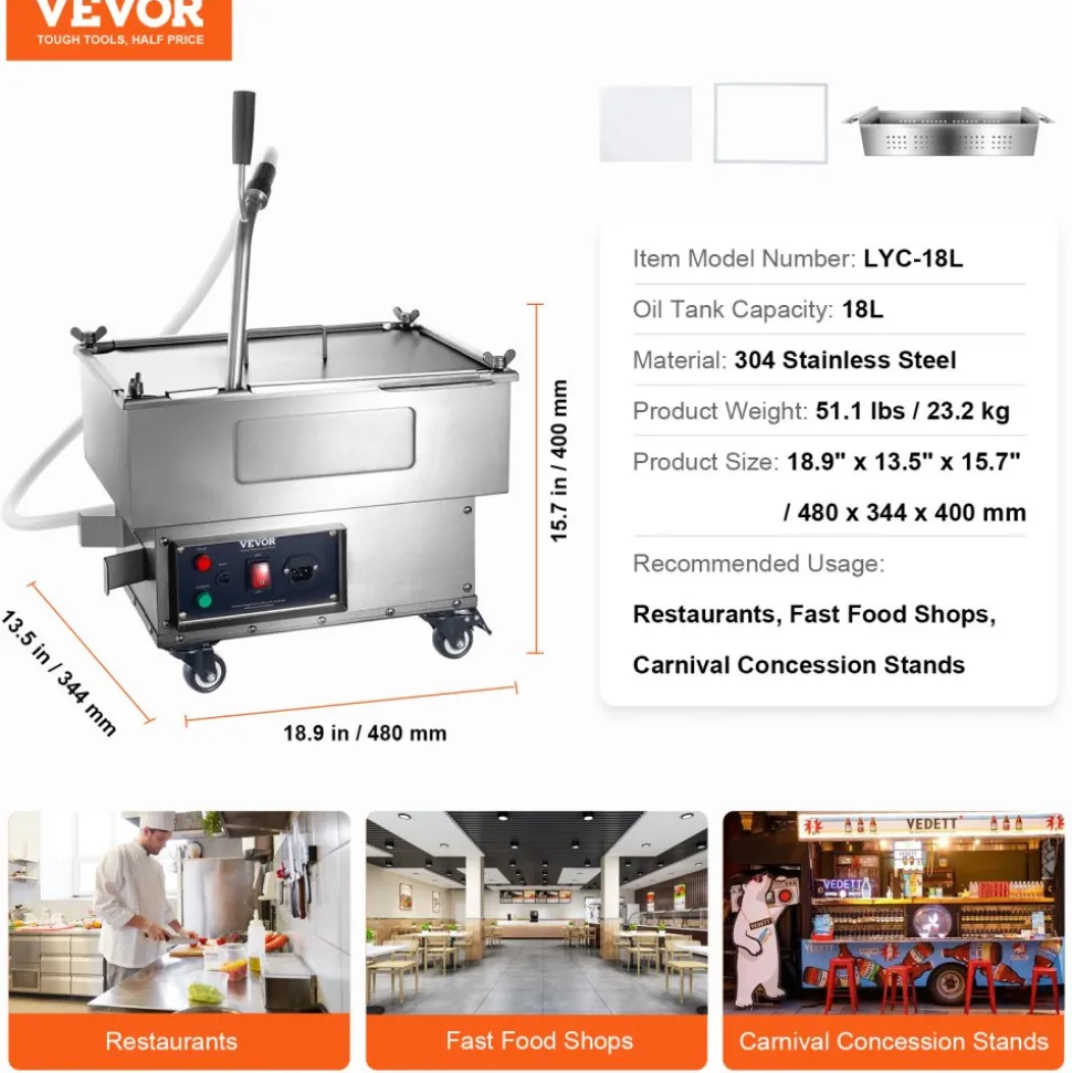VEVOR Portable Oil Filtering Unit, 18L Capacity, 10 L/min Filtering Speed, Equipped with Swivel Casters and Oil Hose, Ideal for Fast Food Venues