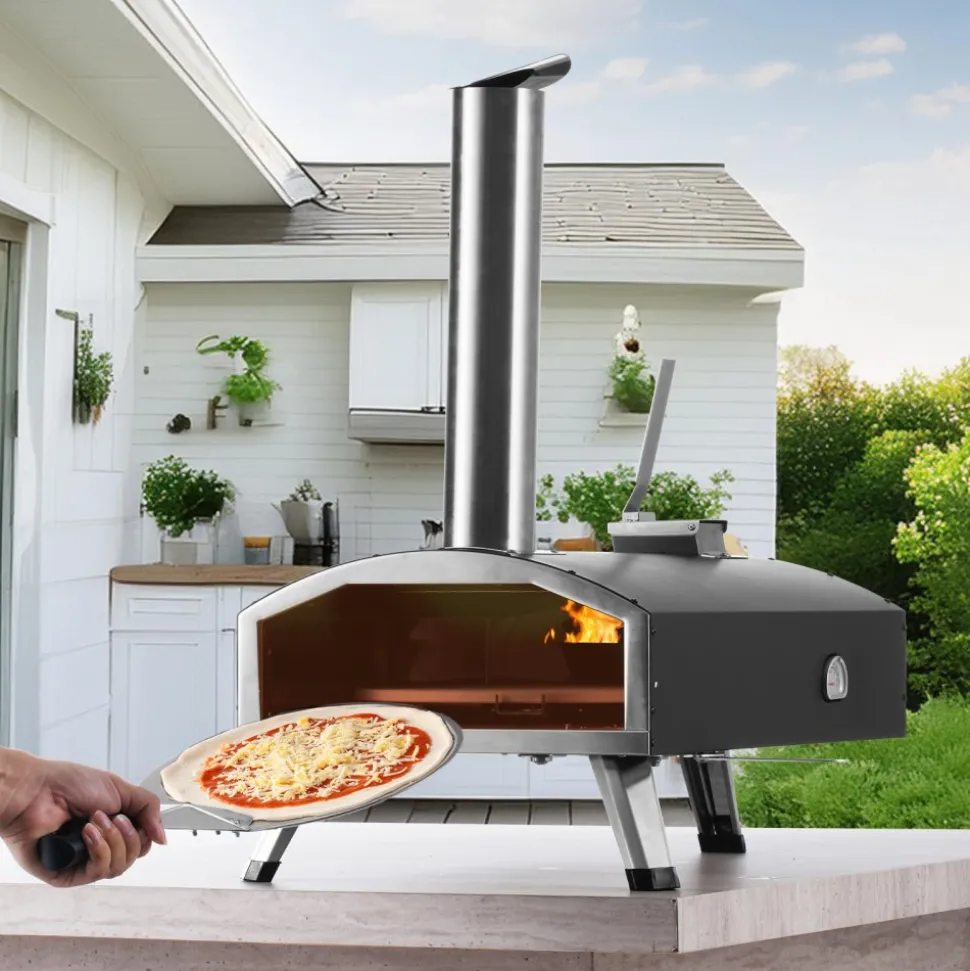 VEVOR Portable Outdoor Oven, 12-inch Pizza Oven, Pellet & Chips & Charcoal Tri-Fuel, Iron Spray Pizza Grill, Includes 210° Rotatable Pizza Stone, Scoop, Ideal for Camping & Backyard, Black