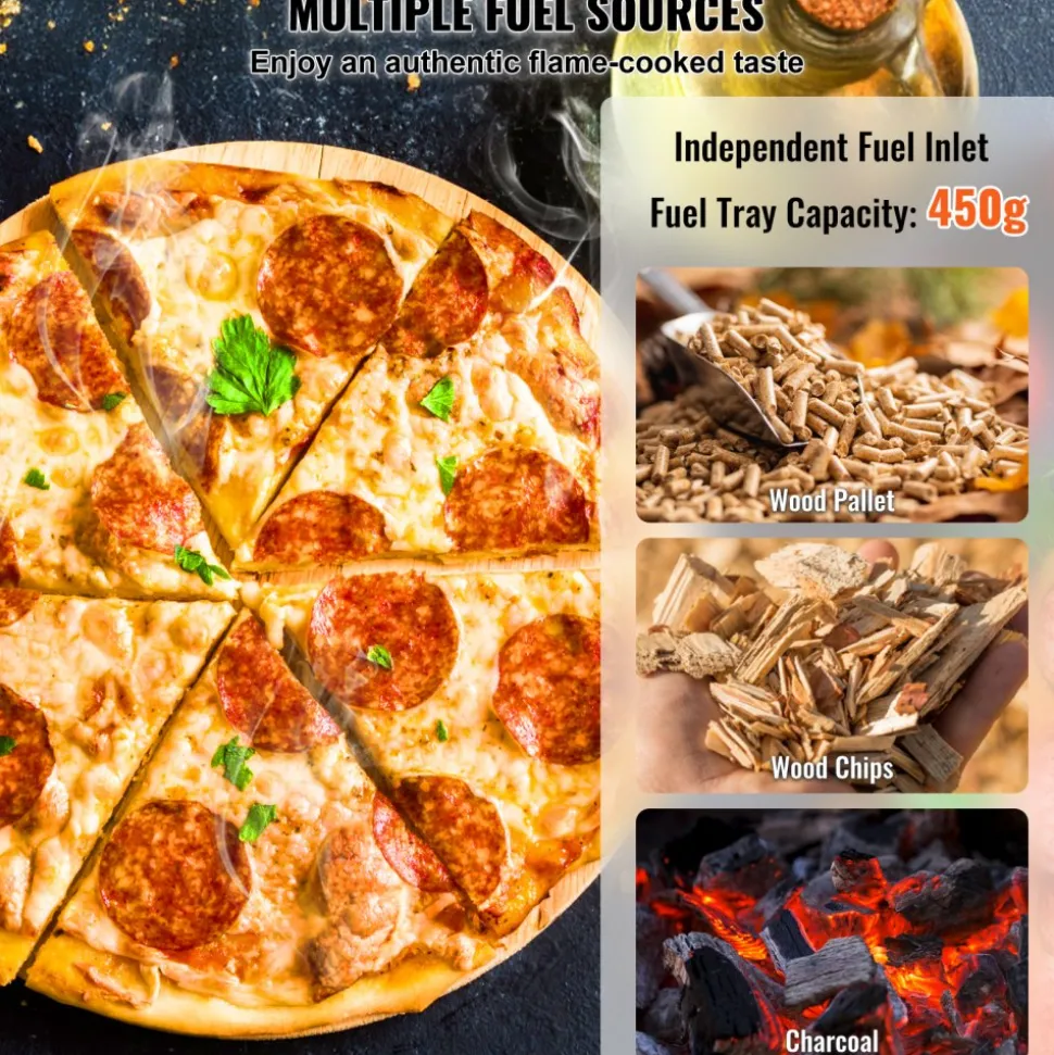 VEVOR Portable Outdoor Oven, 12-inch Pizza Oven, Pellet & Chips & Charcoal Tri-Fuel, Iron Spray Pizza Grill, Includes 210° Rotatable Pizza Stone, Scoop, Ideal for Camping & Backyard, Black