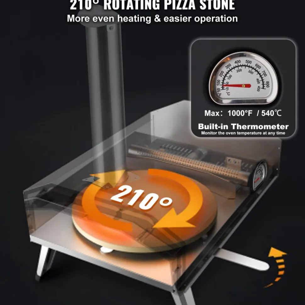 VEVOR Portable Outdoor Oven, 12-inch Pizza Oven, Pellet & Chips & Charcoal Tri-Fuel, Iron Spray Pizza Grill, Includes 210° Rotatable Pizza Stone, Scoop, Ideal for Camping & Backyard, Black