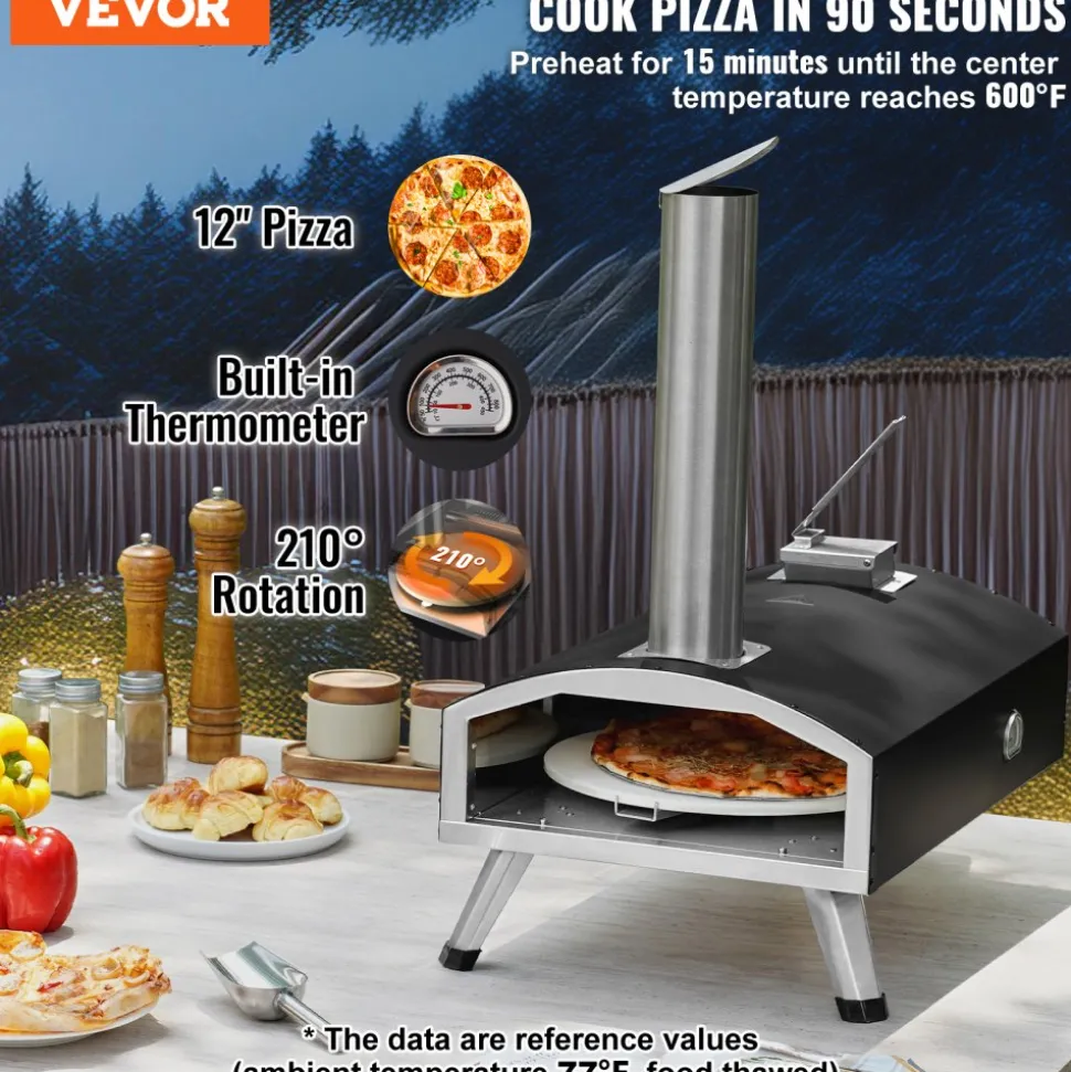 VEVOR Portable Outdoor Oven, 12-inch Pizza Oven, Pellet & Chips & Charcoal Tri-Fuel, Iron Spray Pizza Grill, Includes 210° Rotatable Pizza Stone, Scoop, Ideal for Camping & Backyard, Black