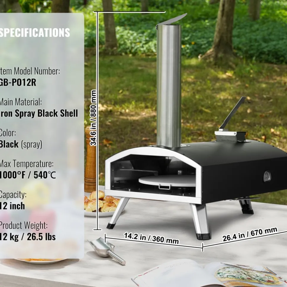 VEVOR Portable Outdoor Oven, 12-inch Pizza Oven, Pellet & Chips & Charcoal Tri-Fuel, Iron Spray Pizza Grill, Includes 210° Rotatable Pizza Stone, Scoop, Ideal for Camping & Backyard, Black
