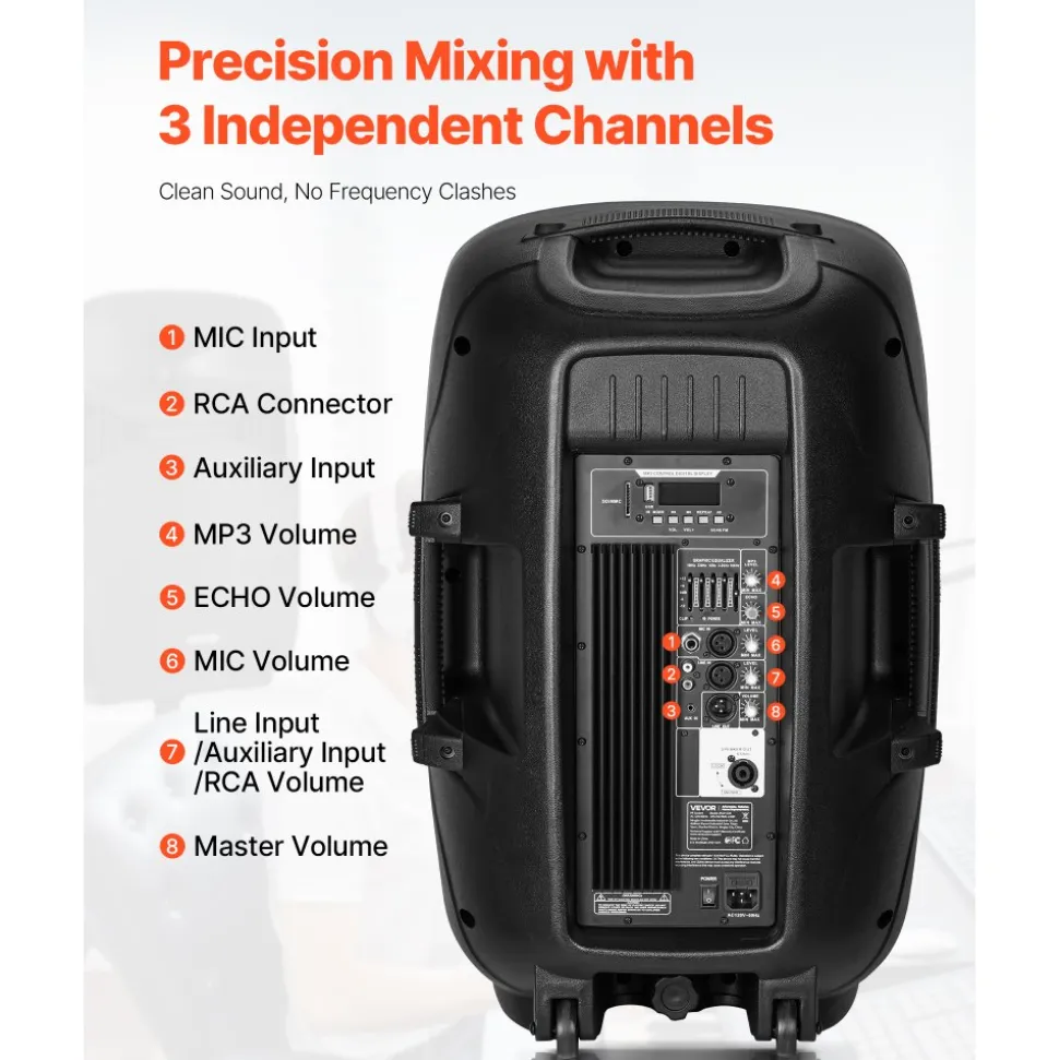 VEVOR Portable PA System, 2000W (PMPO) Powered, Sound System Set with 3 Channel Mixer, Dual Speakers, Wireless Bluetooth, Microphone, Compact Stands, USB & SD Inputs, Remote Control, for DJs Events