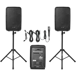 VEVOR Portable PA System, 300W Powered, Sound System Set with 8 Channel Mixer, Dual Speakers, Wireless Bluetooth, Microphone, Compact Stands, USB SD XLR RCA Inputs, Remote Control, for DJs Events