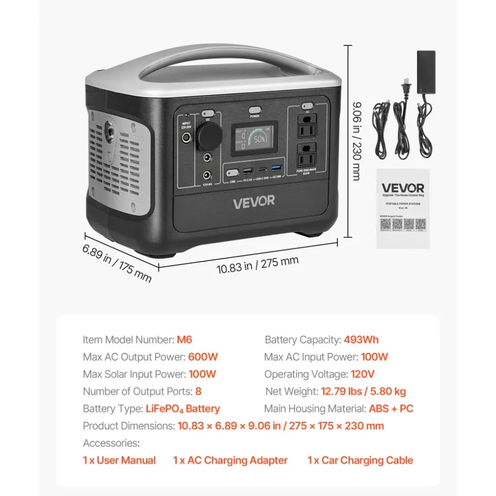 VEVOR Portable Power Station, 600W Solar Generator Power Station, 493Wh LiFePO4 Battery Backup with 8 Output Ports for Home Emergency, Outdoor Camping, RV Travel (Solar Panel NOT Included)