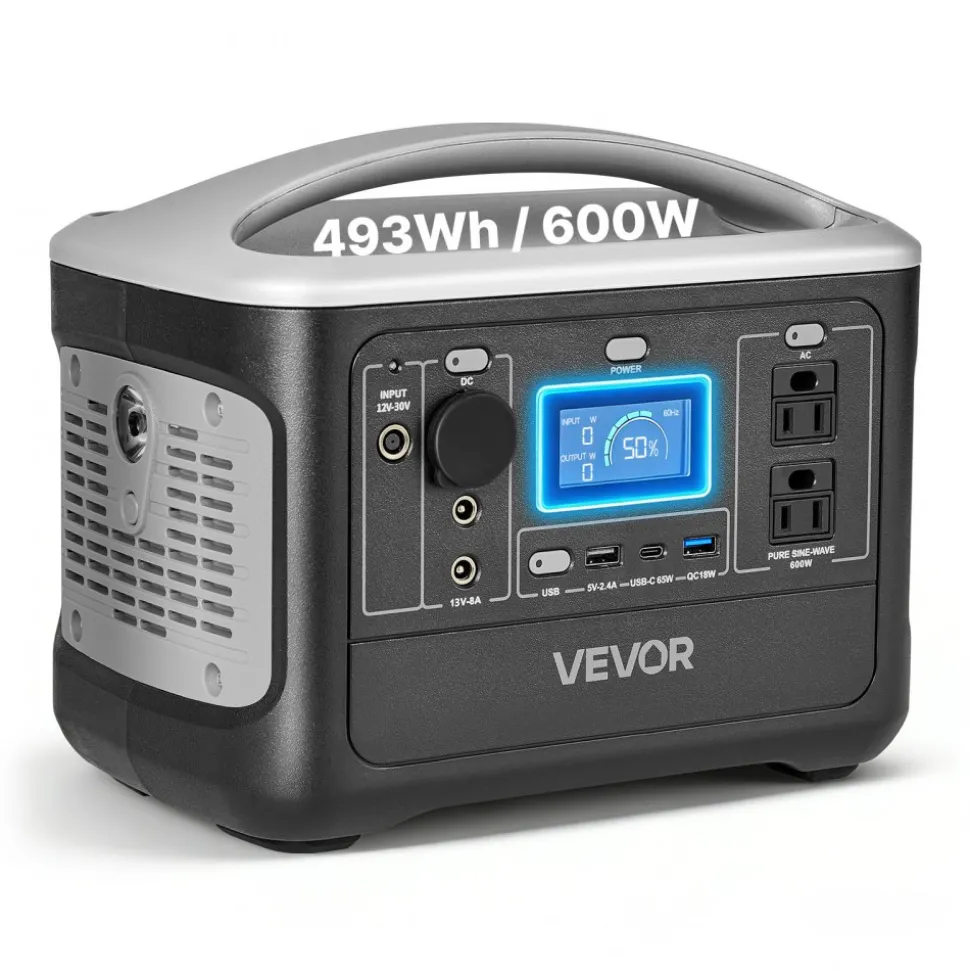 VEVOR Portable Power Station, 600W Solar Generator Power Station, 493Wh LiFePO4 Battery Backup with 8 Output Ports for Home Emergency, Outdoor Camping, RV Travel (Solar Panel NOT Included)