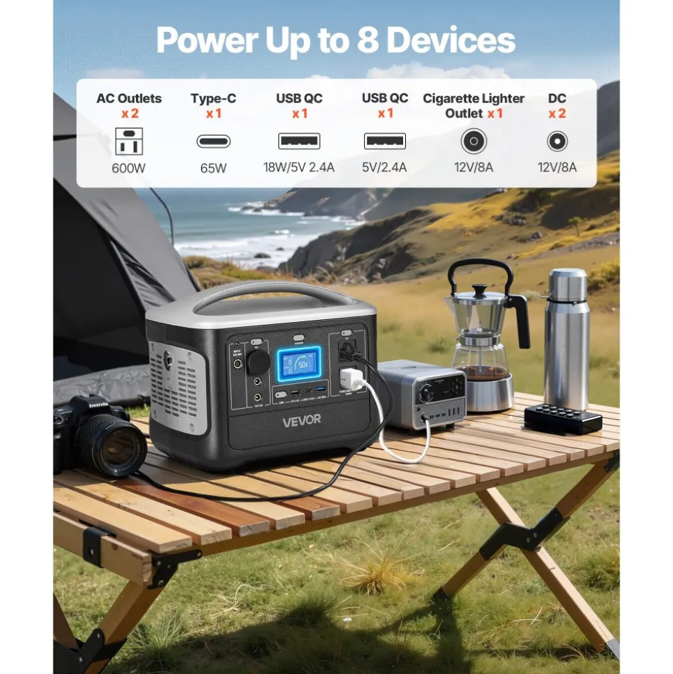 VEVOR Portable Power Station, 600W Solar Generator Power Station, 493Wh LiFePO4 Battery Backup with 8 Output Ports for Home Emergency, Outdoor Camping, RV Travel (Solar Panel NOT Included)