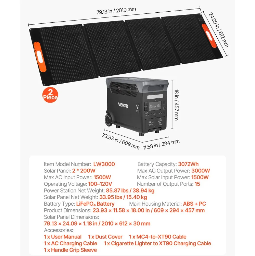VEVOR Portable Power Station with 200W Solar Panel, 1200W Solar Generator Power Station, 806Wh LiFePO4 Battery Backup with 9 Output Ports for Home Emergency, Outdoor Camping, RV Travel
