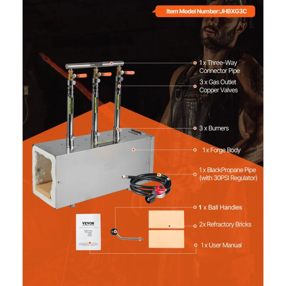 VEVOR Portable Propane Forge, 3 Burners, 2600℉ Tool and Knife Making Blacksmithing Farrier Forge, Large Capacity Square Shape, Stainless Steel Gas Forging Tools and Equipment, Use for Metal Forging