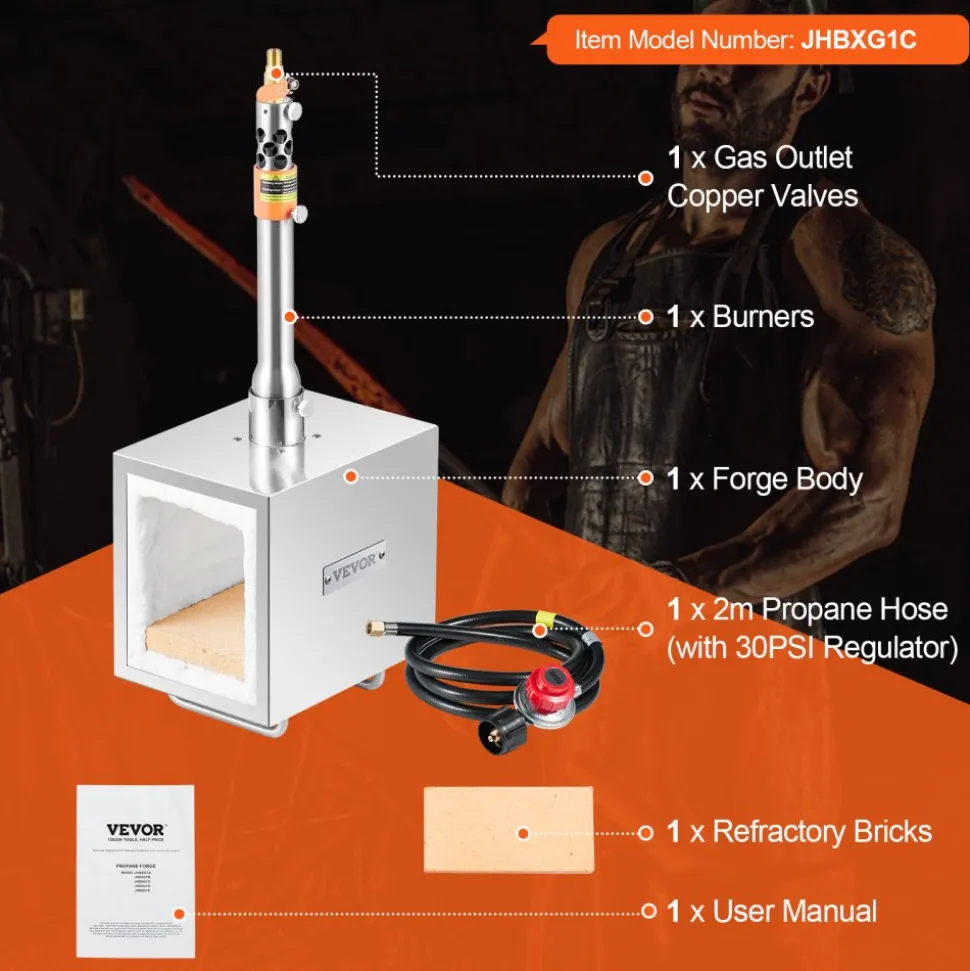 VEVOR Portable Propane Forge, 1 Burner, 2600℉ Tool and Knife Making Blacksmithing Farrier Forge, Large Capacity Square Shape, Stainless Steel Gas Forging Tools and Equipment, Use for Metal Forging