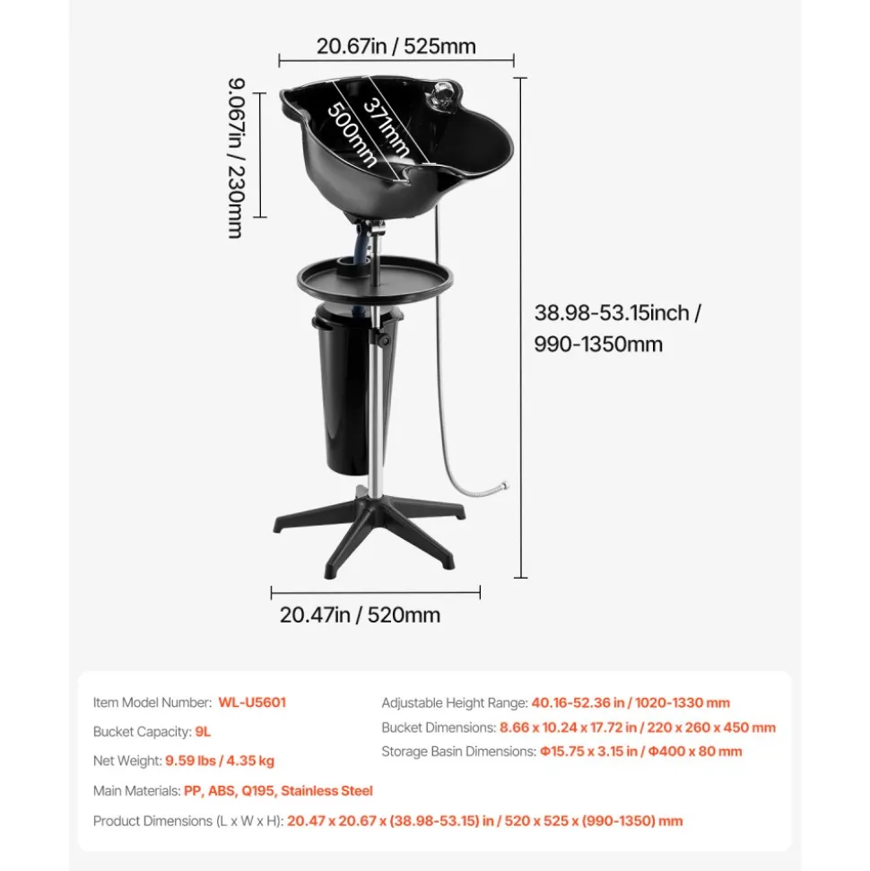 VEVOR Portable Shampoo Bowl, Deep Shampoo Sink with Adjustable Height & Angle, Washing Hair Station Includes Drain Hose, Shower Head and Bucket, Salon Sink for Home & Barber Use, Black