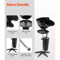 VEVOR Portable Shampoo Bowl, Deep Shampoo Sink with Adjustable Height & Angle, Washing Hair Station Includes Drain Hose, Shower Head and Bucket, Salon Sink for Home & Barber Use, Black