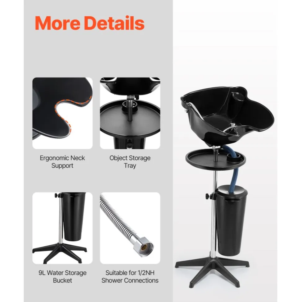 VEVOR Portable Shampoo Bowl, Deep Shampoo Sink with Adjustable Height & Angle, Washing Hair Station Includes Drain Hose, Shower Head and Bucket, Salon Sink for Home & Barber Use, Black