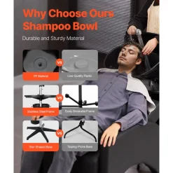 VEVOR Portable Shampoo Bowl, Deep Shampoo Sink with Adjustable Height & Angle, Washing Hair Station Includes Drain Hose, Shower Head and Bucket, Salon Sink for Home & Barber Use, Black