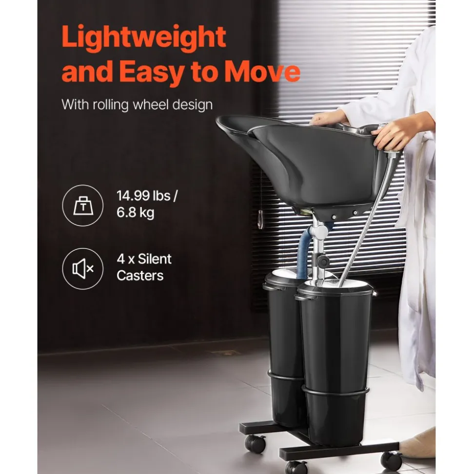 VEVOR Portable Shampoo Bowl, Shampoo Sink for Washing Hair with Electric Pump, Includes 2 Buckets 2 Showerheads, Drain Hose, Height and Angle Adjustable Portable Wash Bowl for Home Salon Use, Black