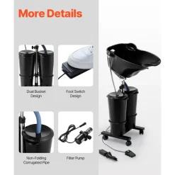 VEVOR Portable Shampoo Bowl, Shampoo Sink for Washing Hair with Electric Pump, Includes 2 Buckets 2 Showerheads, Drain Hose, Height and Angle Adjustable Portable Wash Bowl for Home Salon Use, Black
