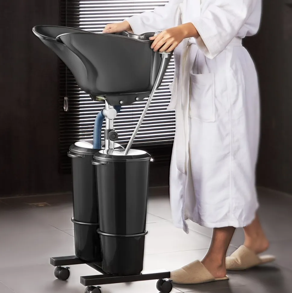 VEVOR Portable Shampoo Bowl, Shampoo Sink for Washing Hair with Electric Pump, Includes 2 Buckets 2 Showerheads, Drain Hose, Height and Angle Adjustable Portable Wash Bowl for Home Salon Use, Black