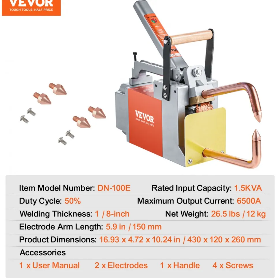 VEVOR Portable Spot Welder, 1/8-inch Spot Welder Machine with 1.5KVA Input Capacity, Handheld Welding Tip Gun, Metal Sheet Spot Welding Machine for Steel Plates