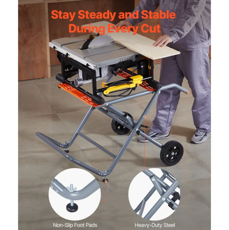 VEVOR Portable Table Saw Stand, 350 lbs Load Capacity, Rolling Foldable Table Saw Table with 8 Inches Rubber Wheels, Heavy Duty Construction, Easy Storage, Universal for Most Brands of Table Saws