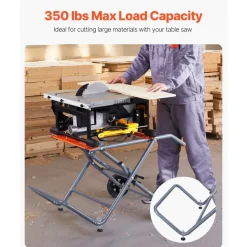 VEVOR Portable Table Saw Stand, 350 lbs Load Capacity, Rolling Foldable Table Saw Table with 8 Inches Rubber Wheels, Heavy Duty Construction, Easy Storage, Universal for Most Brands of Table Saws