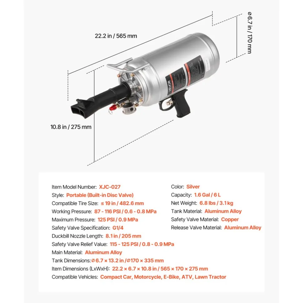 VEVOR Portable Tire Bead Seater, 1.6 Gal / 6 L Air Bead Blaster, Handheld Tire Inflator Tool, 87-116 PSI Operating Pressure, Trigger Seating Inflator for Car, Compact SUV, Light Truck, E-Bike, RV, ATV