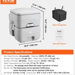 VEVOR Portable Toilet for Camping, Porta Potty with Carry Bag, 5.3 Gal Waste Tank & 3.2 Gal Flush Tank, Push-Button Pressurized Flush Commode, Leak-proof and Odourless Travel Toilet for Camping Car