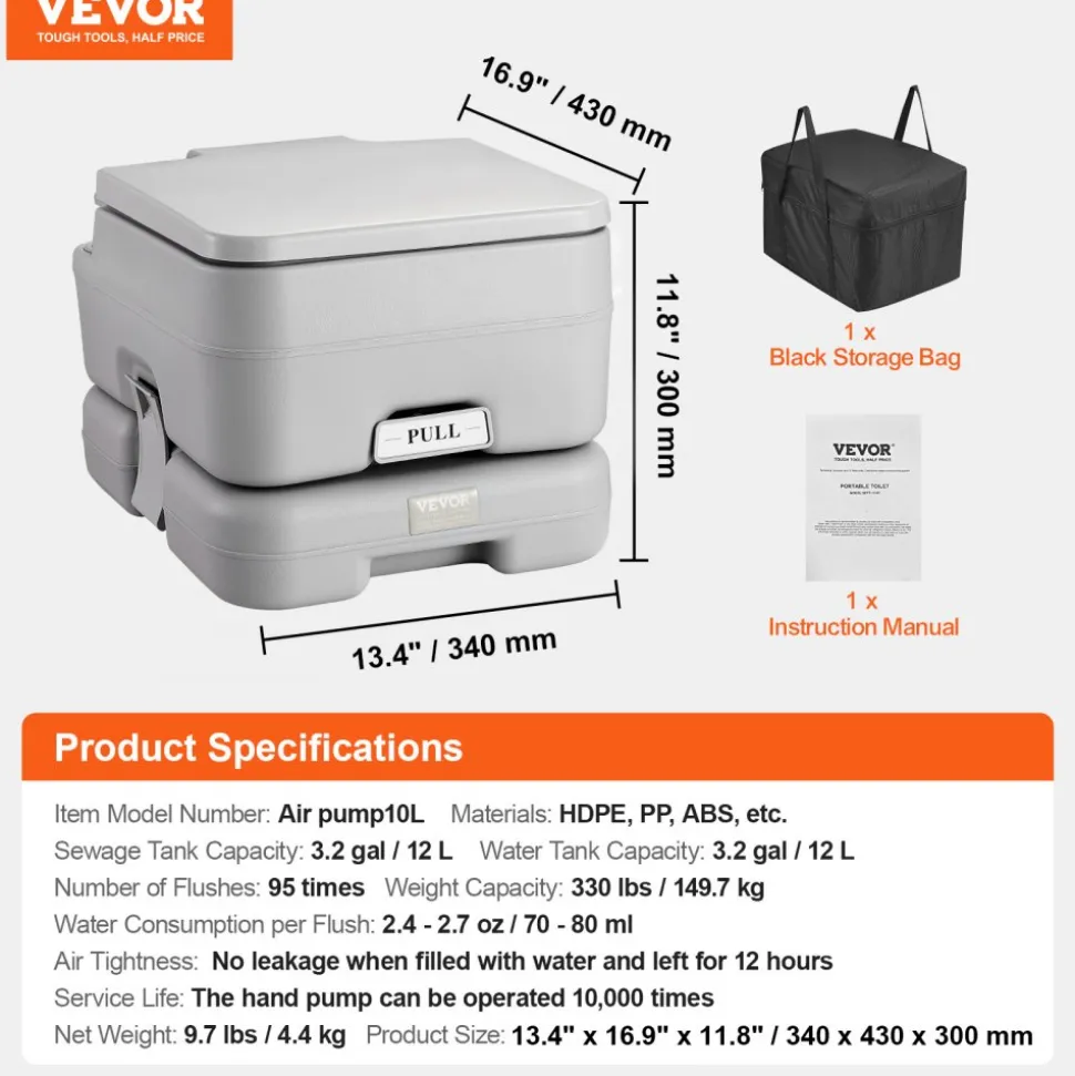 VEVOR Portable Toilet for Camping with Carry Bag, RV Toilet with 3.2 Gal Waste Tank, Push-Button Pressurized Flush Commode, Leak-proof and Odourless Travel Toilet for Adults Kids Camping Car