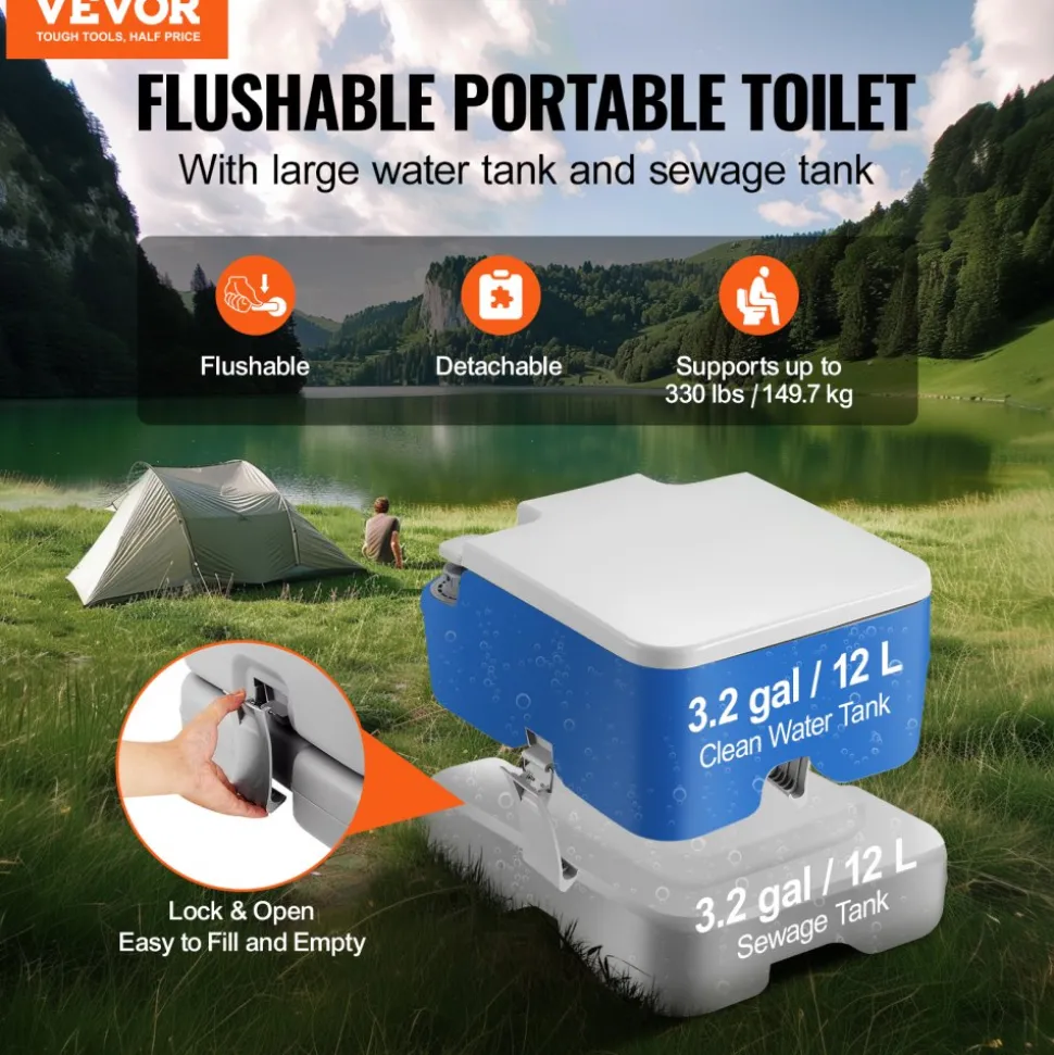 VEVOR Portable Toilet for Camping with Carry Bag, RV Toilet with 3.2 Gal Waste Tank, Push-Button Pressurized Flush Commode, Leak-proof and Odourless Travel Toilet for Adults Kids Camping Car