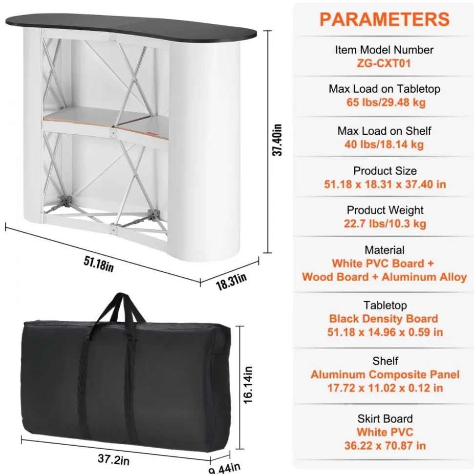 VEVOR Portable Tradeshow Podium Table, 51.18" x 18.31" x 37.4", Display Exhibition Counter Stand Booth Fair with Wall, Foldable Promotion Retail Bar Table Pop Up Podium with Storage Rack, Carrying Bag