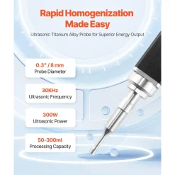 VEVOR Portable Ultrasonic Homogenizer, 0.3 in Titanium Alloy Probe, 30KHz Ultrasonic Frequency, 50-300ml Capacity, Handheld and Desktop Dual Use, Sonicator Processor Cell Disruptor Mixer with Stand
