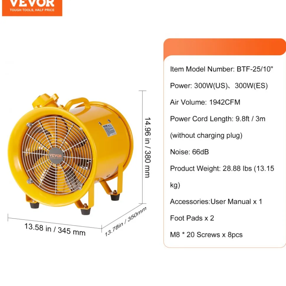 VEVOR Portable Ventilator, 10" Heavy Duty Cylinder Fan, 350W Strong Shop Exhaust Fan 1942CFM, 9.8ft Power Cord (No charging head), Industrial Utility Blower for Sucking Dust, Smoke Home/Workplace