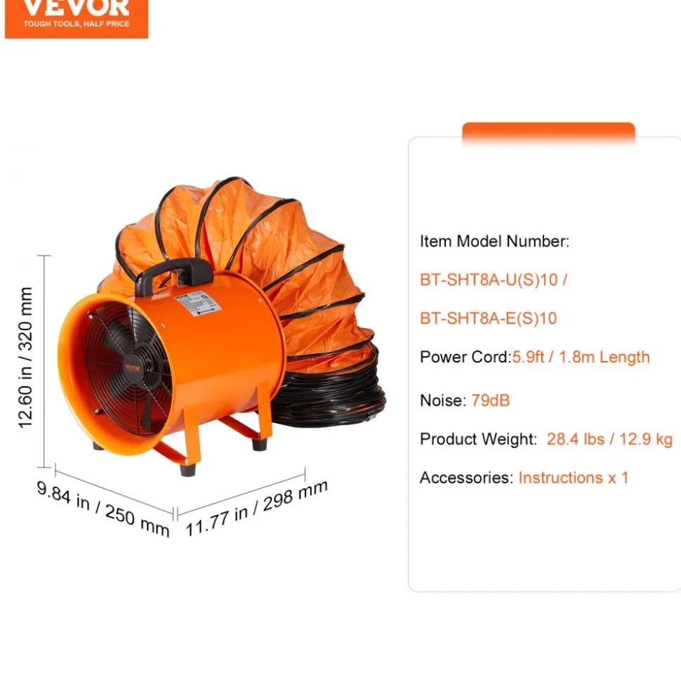 VEVOR Portable Ventilator, 10 inch Heavy Duty Cylinder Fan with 33ft Duct Hose, 350W Strong Shop Exhaust Blower 1948CFM, Industrial Utility Blower for Sucking Dust, Smoke, Smoke Home/Workplace