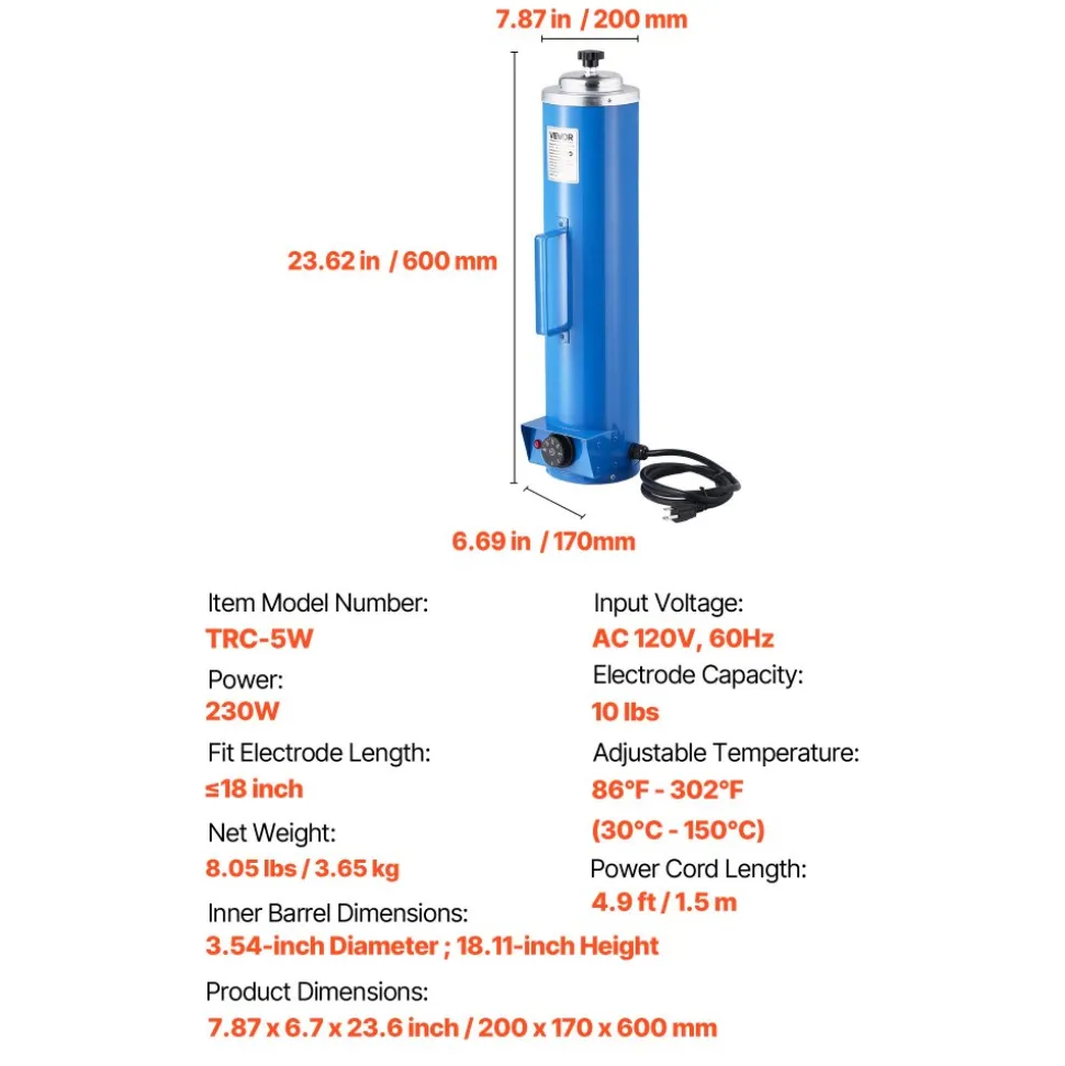 VEVOR Portable Welding Rod Oven, 10LBS Capacity Electrodes Drying Oven 230W 120V, 86℉ to 302℉ Adjustable Welding Rods Dryer for 18-inch Stick Electrodes - with Easy-to-Carry Side Handle