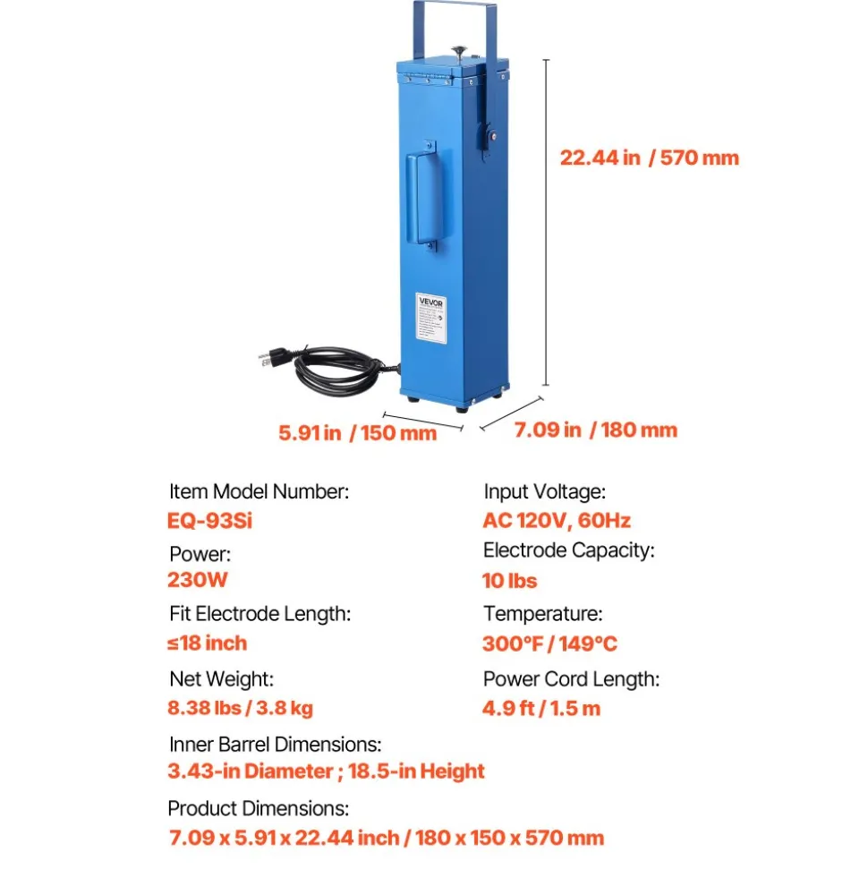 VEVOR Portable Welding Rod Oven, 10LBS Capacity Electrodes Drying Oven 230W 120V, 300℉ Fast Heating Welding Rods Dryer for 18-inch Stick Electrodes - with Easy-to-Carry Handle & Safety Locking Latch