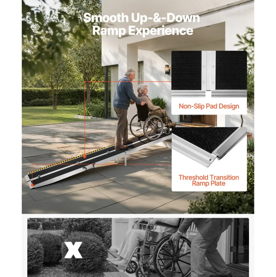 VEVOR Portable Wheelchair Ramp, 12FT, Non-Slip Aluminum Folding Handicap Ramp for Wheelchair, 800 lbs Capacity, Door Threshold Ramps for Home Steps, Stairs, Entry, Threshold, Doorways, Scooter, Curbs