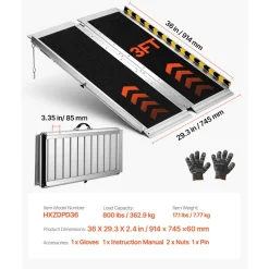 VEVOR Portable Wheelchair Ramp, 3FT, Non-Slip Aluminum Folding Handicap Ramp for Wheelchair, 800 lbs Capacity, Door Threshold Ramps for Home Steps, Stairs, Entry, Threshold, Doorways, Scooter, Curbs
