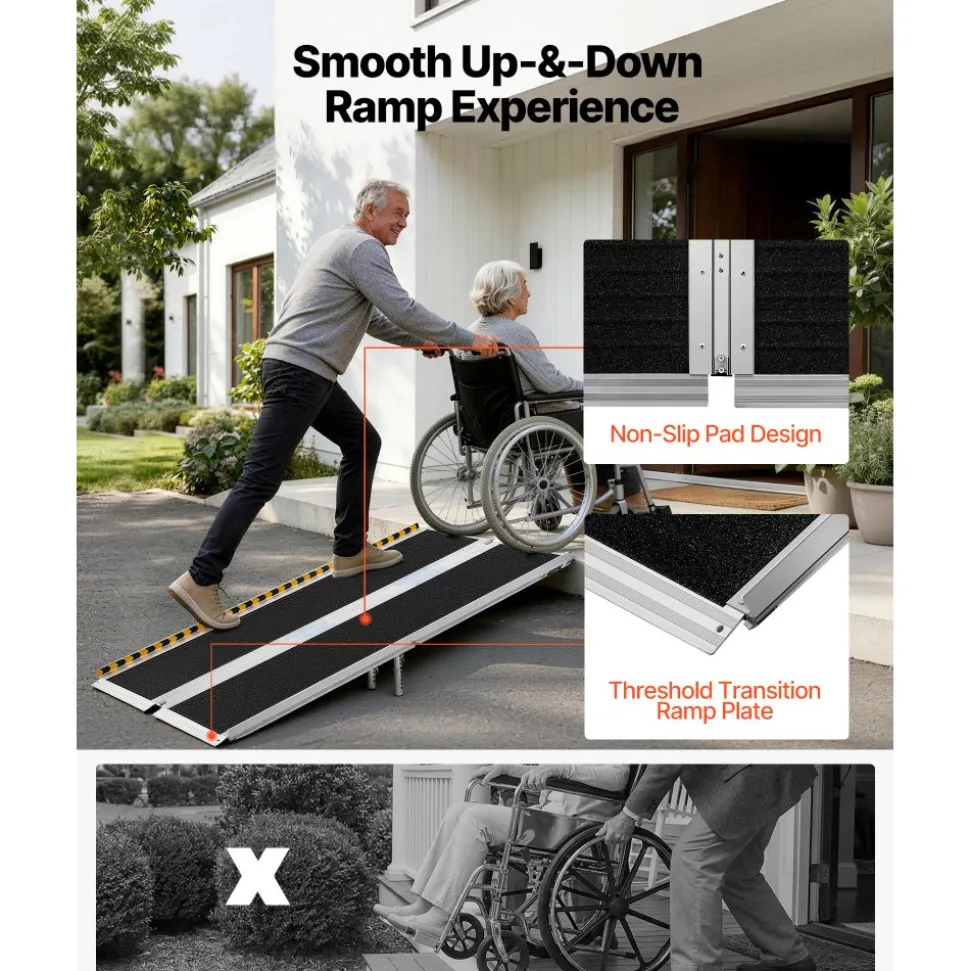 VEVOR Portable Wheelchair Ramp, 6FT, Non-Slip Aluminum Folding Handicap Ramp for Wheelchair, 800 lbs Capacity, Door Threshold Ramps for Home Steps, Stairs, Entry, Threshold, Doorways, Scooter, Curbs