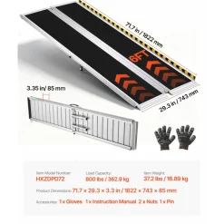 VEVOR Portable Wheelchair Ramp, 6FT, Non-Slip Aluminum Folding Handicap Ramp for Wheelchair, 800 lbs Capacity, Door Threshold Ramps for Home Steps, Stairs, Entry, Threshold, Doorways, Scooter, Curbs