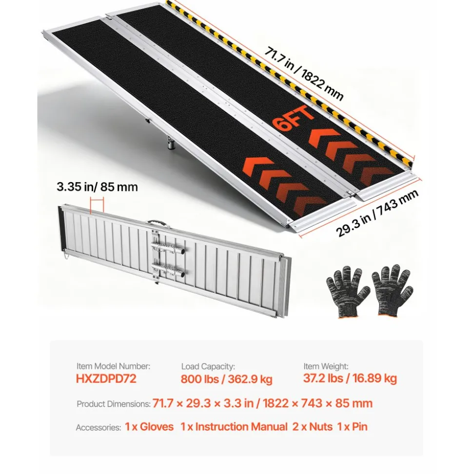 VEVOR Portable Wheelchair Ramp, 6FT, Non-Slip Aluminum Folding Handicap Ramp for Wheelchair, 800 lbs Capacity, Door Threshold Ramps for Home Steps, Stairs, Entry, Threshold, Doorways, Scooter, Curbs