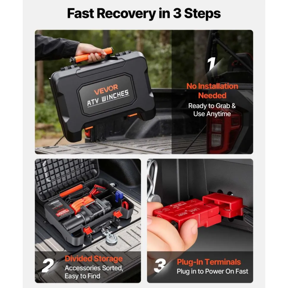 VEVOR Portable Winch, 4500 lbs 12V DC Electric Winch with Synthetic Rope, Wireless & Wired Remotes, Box-Style Recovery Kit with Fairlead, Clevis Hook, Strap for ATV UTV Off-Road Outdoor Pulling Tasks