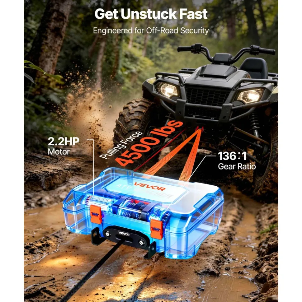 VEVOR Portable Winch, 4500 lbs 12V DC Electric Winch with Synthetic Rope, Wireless & Wired Remotes, Box-Style Recovery Kit with Fairlead, Clevis Hook, Strap for ATV UTV Off-Road Outdoor Pulling Tasks