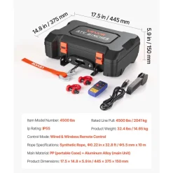 VEVOR Portable Winch, 4500 lbs 12V DC Electric Winch with Synthetic Rope, Wireless & Wired Remotes, Box-Style Recovery Kit with Fairlead, Clevis Hook, Strap for ATV UTV Off-Road Outdoor Pulling Tasks