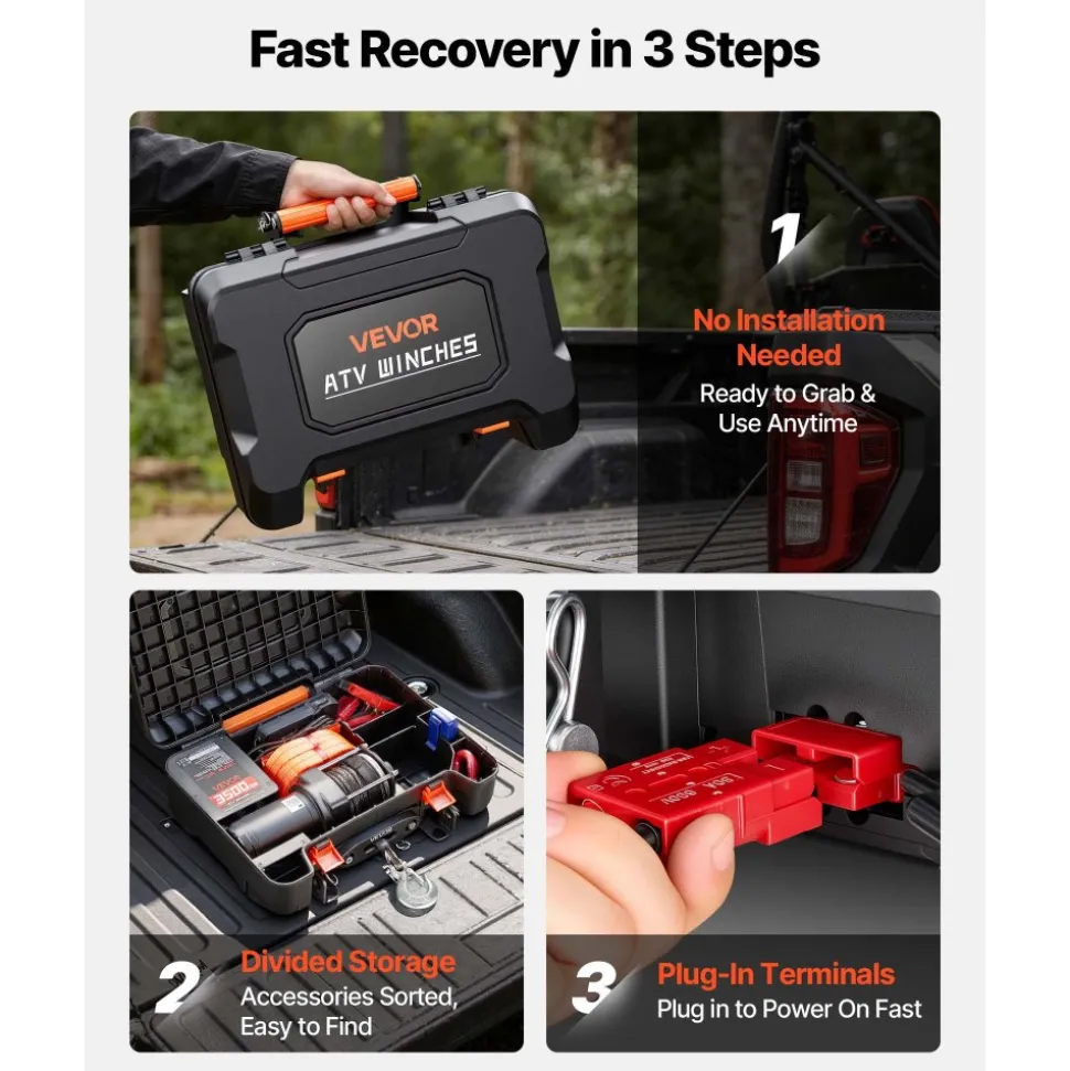 VEVOR Portable Winch, 3500 lbs 12V DC Electric Winch with Synthetic Rope, Wireless & Wired Remotes, Box-Style Recovery Kit with Fairlead, Clevis Hook, Strap for ATV UTV Off-Road Outdoor Pulling Tasks