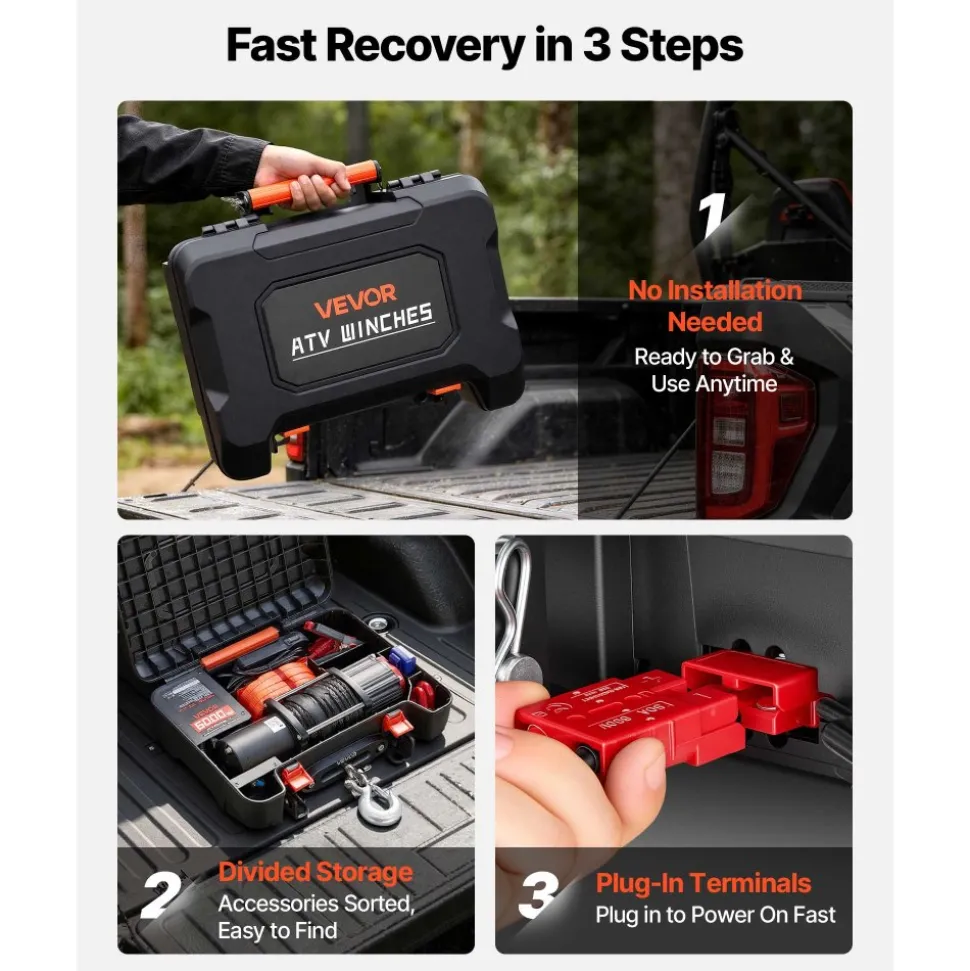 VEVOR Portable Winch, 6000 lbs 12V DC Electric Winch with Synthetic Rope, Wireless & Wired Remotes, Box-Style Recovery Kit with Fairlead, Clevis Hook, Strap for ATV UTV Off-Road Outdoor Pulling Tasks