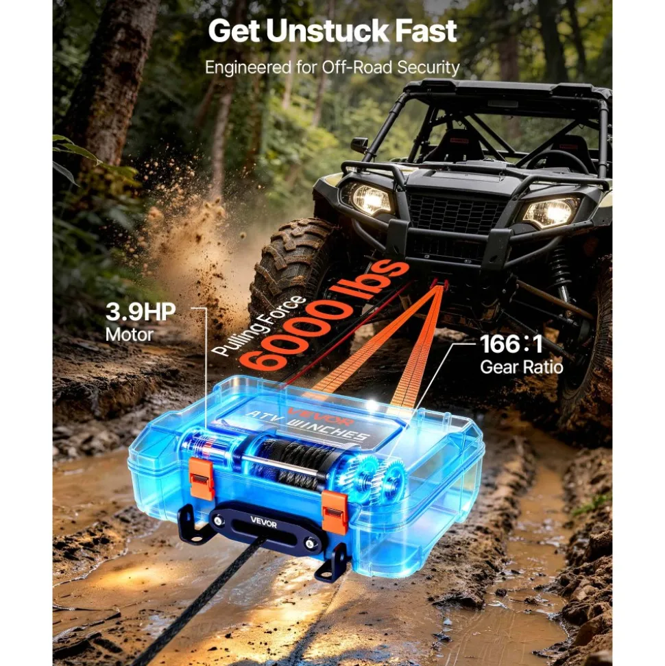 VEVOR Portable Winch, 6000 lbs 12V DC Electric Winch with Synthetic Rope, Wireless & Wired Remotes, Box-Style Recovery Kit with Fairlead, Clevis Hook, Strap for ATV UTV Off-Road Outdoor Pulling Tasks