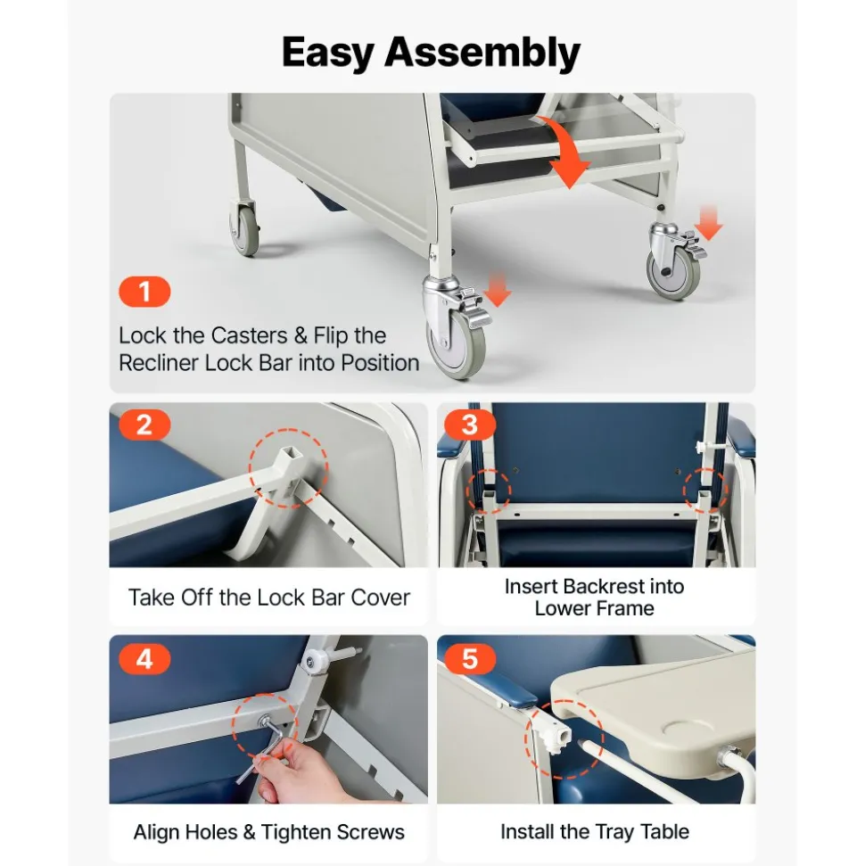 VEVOR 3-Position Geri Reclining Chair 500LBS Capacity Geri Chair Recliner, Comfortable Medical Recliner Chairs with 4 Wheels, Soft Padded Seat & Tray Table for Hospitals, Clinics, Geriatric Home Care