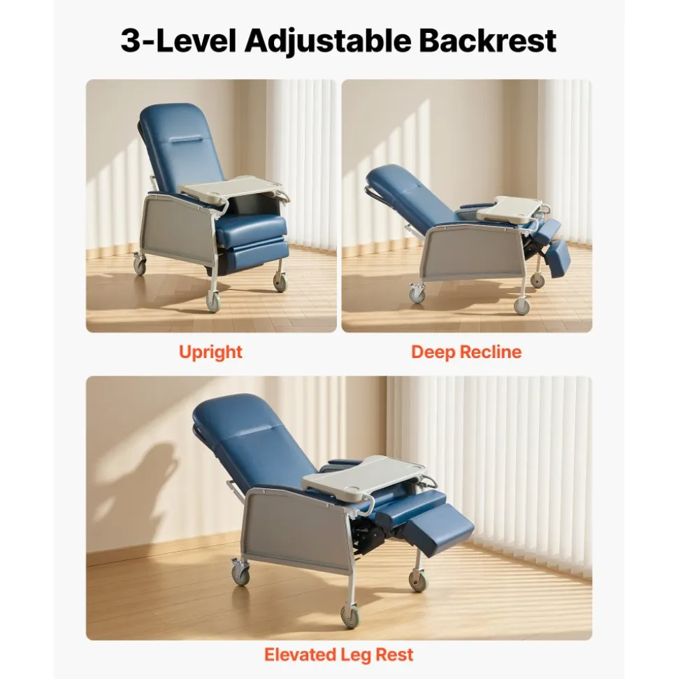 VEVOR 3-Position Geri Reclining Chair 500LBS Capacity Geri Chair Recliner, Comfortable Medical Recliner Chairs with 4 Wheels, Soft Padded Seat & Tray Table for Hospitals, Clinics, Geriatric Home Care