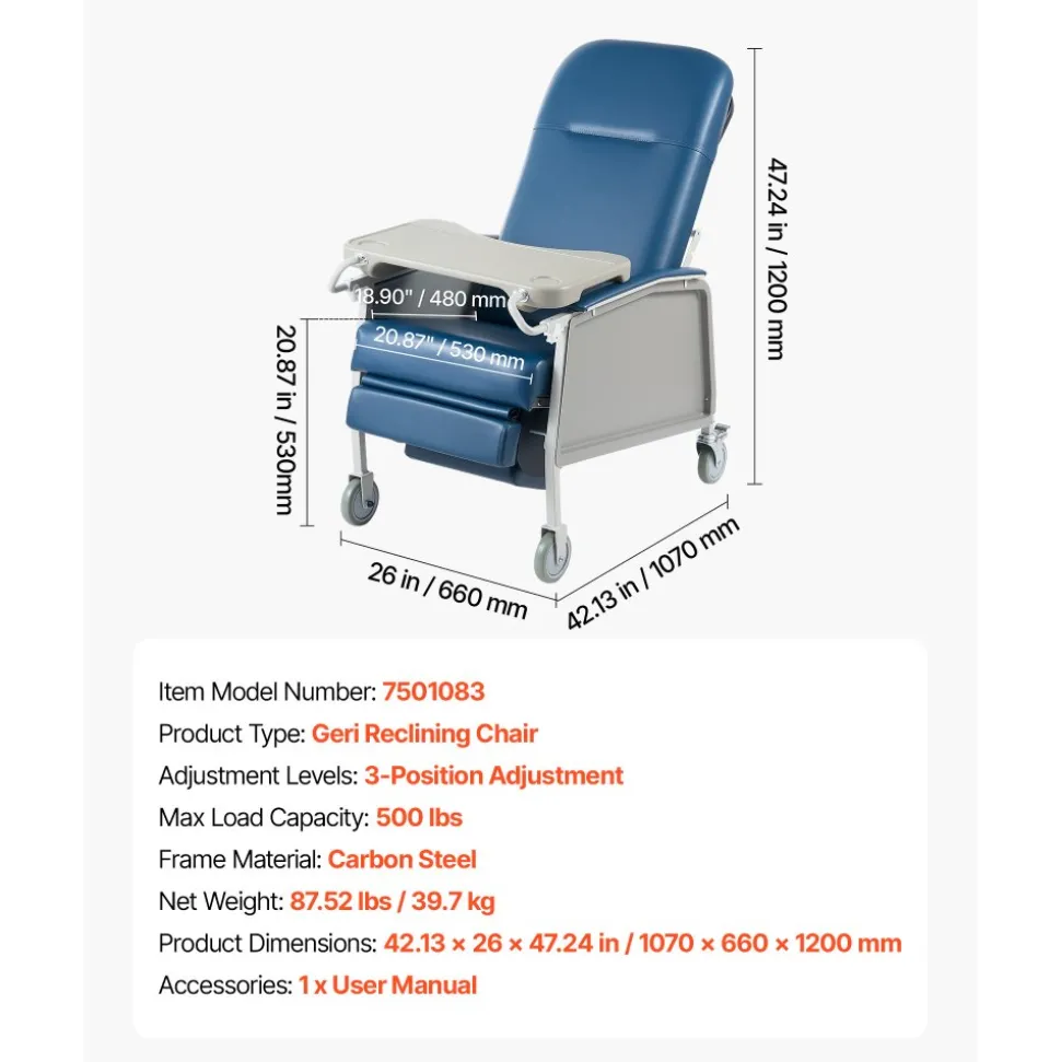 VEVOR 3-Position Geri Reclining Chair 500LBS Capacity Geri Chair Recliner, Comfortable Medical Recliner Chairs with 4 Wheels, Soft Padded Seat & Tray Table for Hospitals, Clinics, Geriatric Home Care