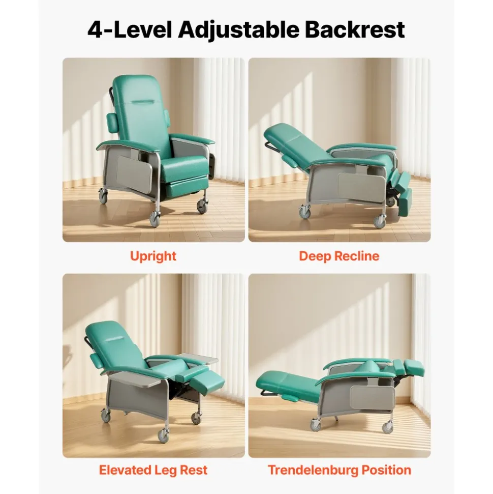 VEVOR 4-Position Geri Reclining Chair 500LBS Capacity Geri Chair Recliner, 4-Wheel Medical Recliner Chairs with Trendelenburg, Soft Padded Seat & Trays for Hospitals, Clinics, Geriatric Home Care