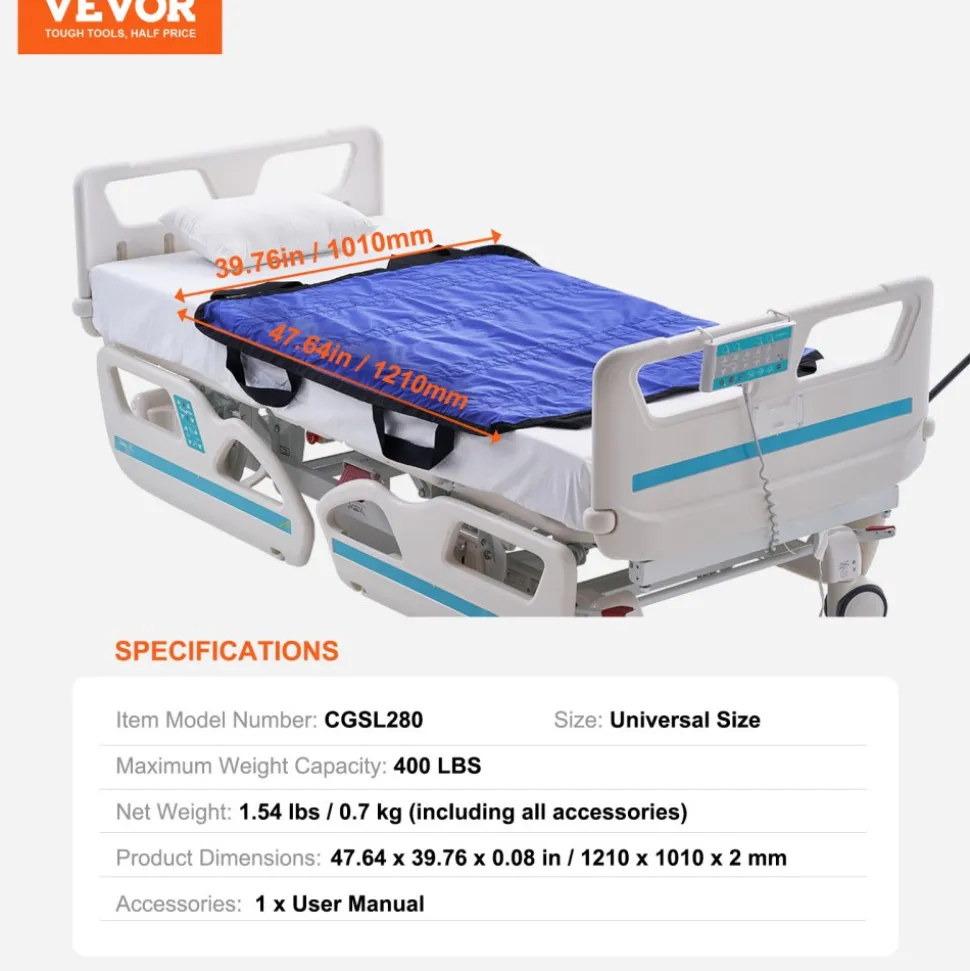 VEVOR Positioning Bed Pad with 8 Reinforced Handles, 48" x 40" Lifting, Turning, Repositioning, Patient Transfer Sheet Washable for Elderly, Patient, Bedridden, 400LBS Capacity